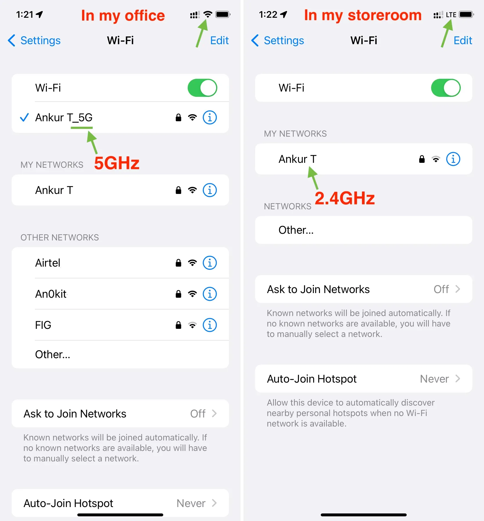 Диапазоны Wi-Fi 5 ГГц и 2 ГГц на iPhone