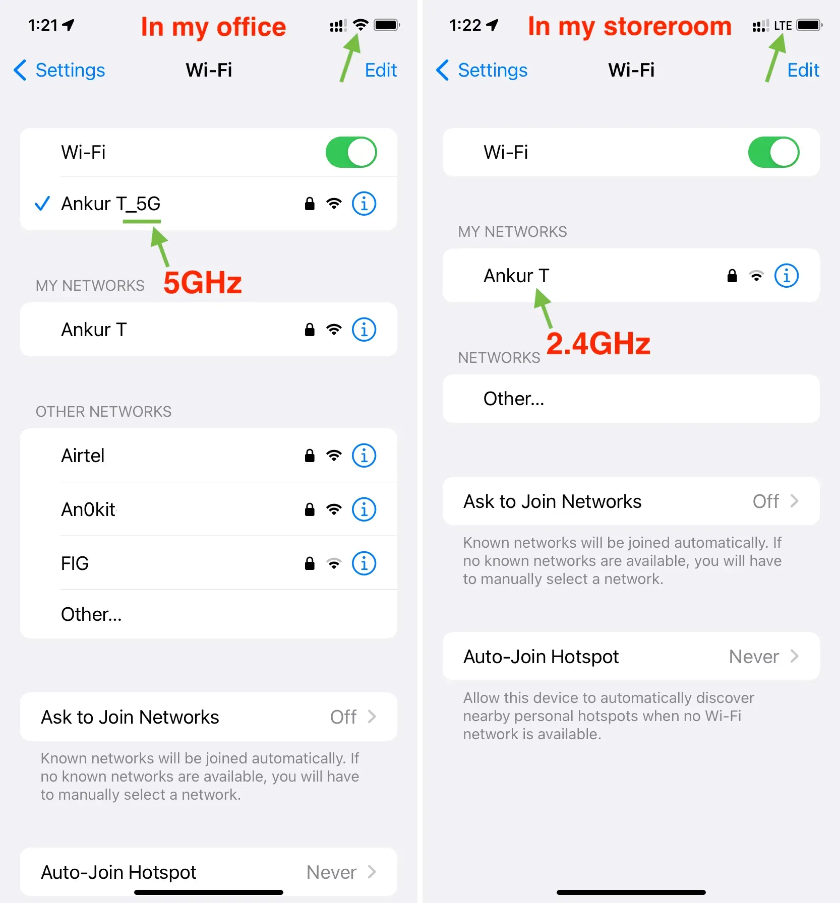 5GHz ir 2GHz Wi-Fi juostos iPhone