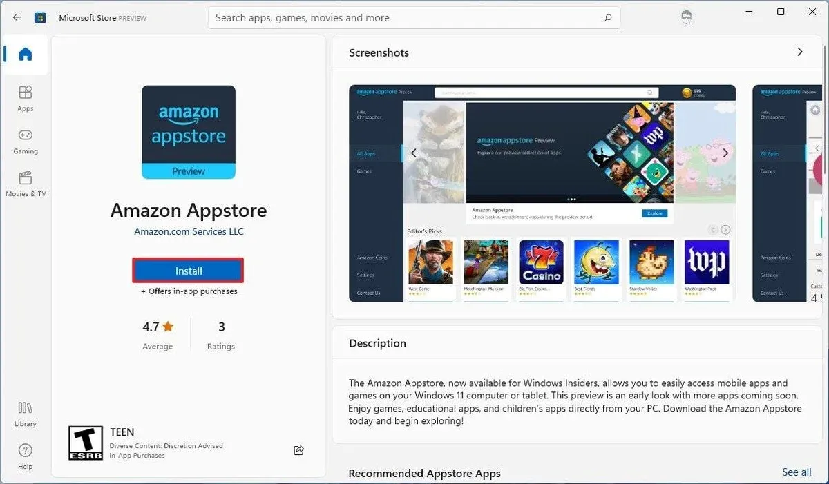 Amazon Appstore installeren op Windows 11 en niet-gepubliceerde Android-apps downloaden