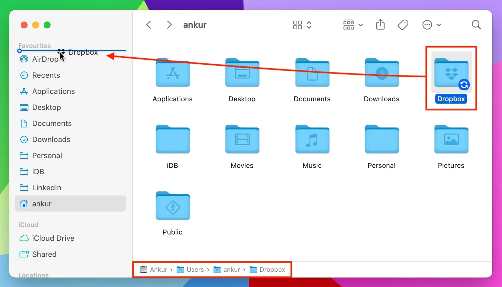 Dropbox-kansion lisääminen Finderin sivupalkkiin Macissa