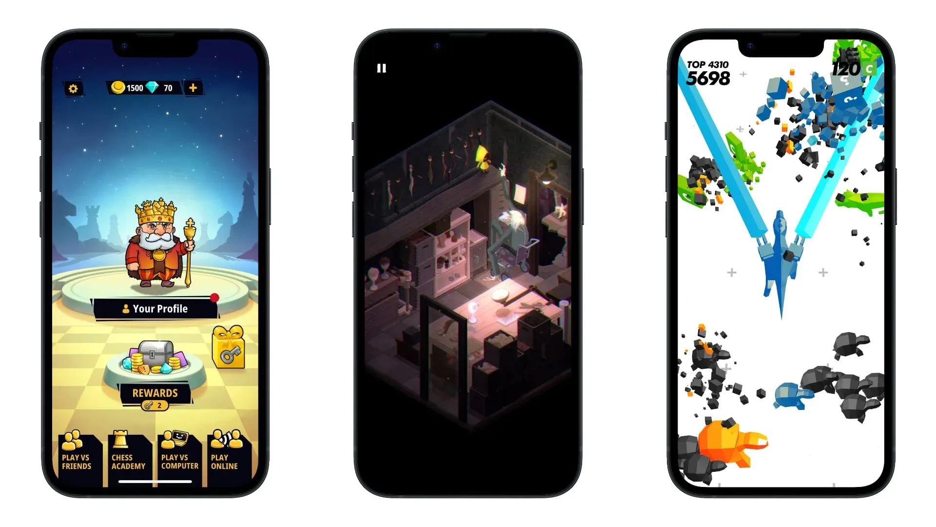 Hay capturas de pantalla de iPhone que muestran los juegos Chess Universe, Very Little Nightmare y Time Locker