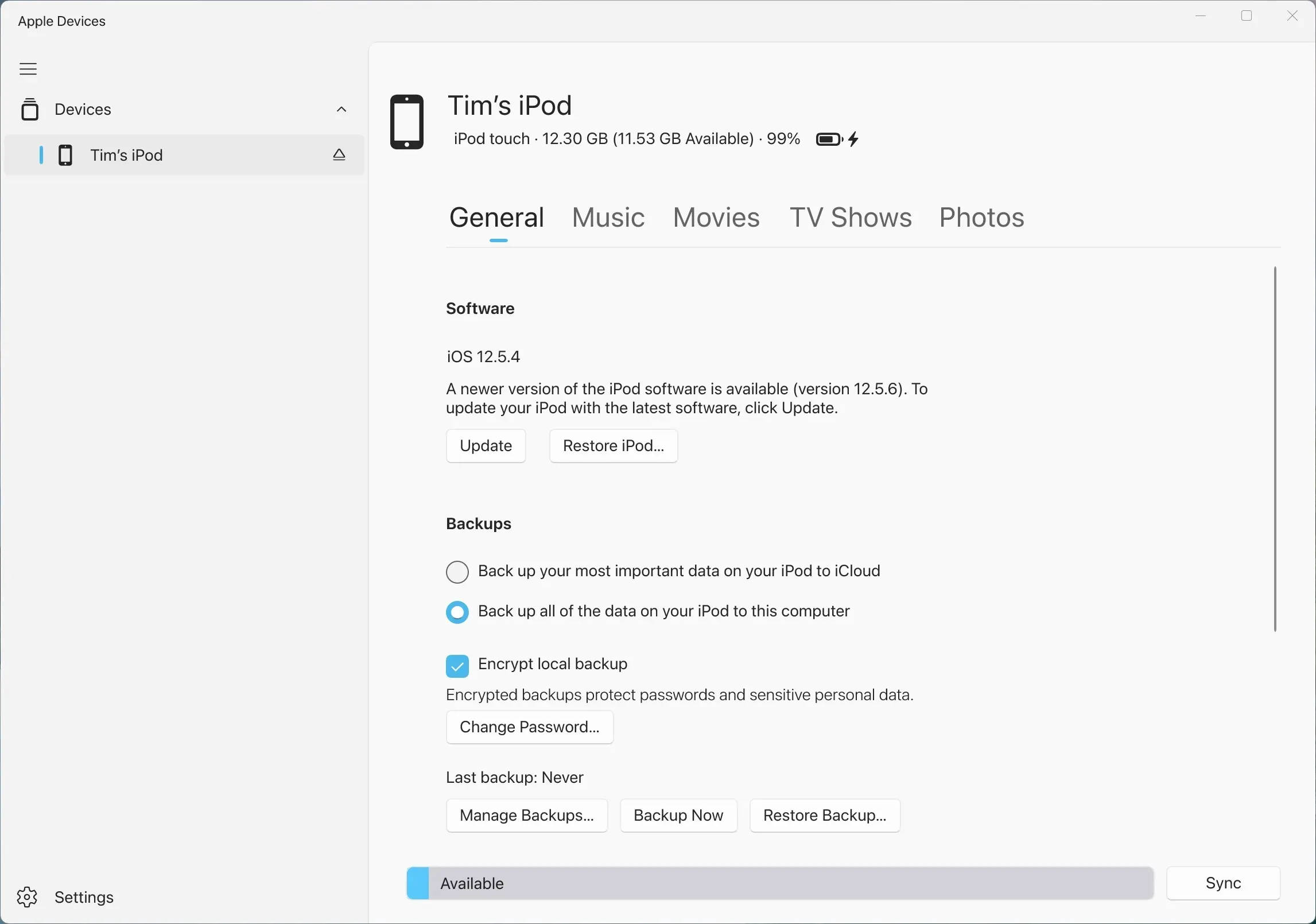 „Windows“ skirta „Apple Devices“ programa, kurioje demonstruojamas prijungto „iPod“ valdymas