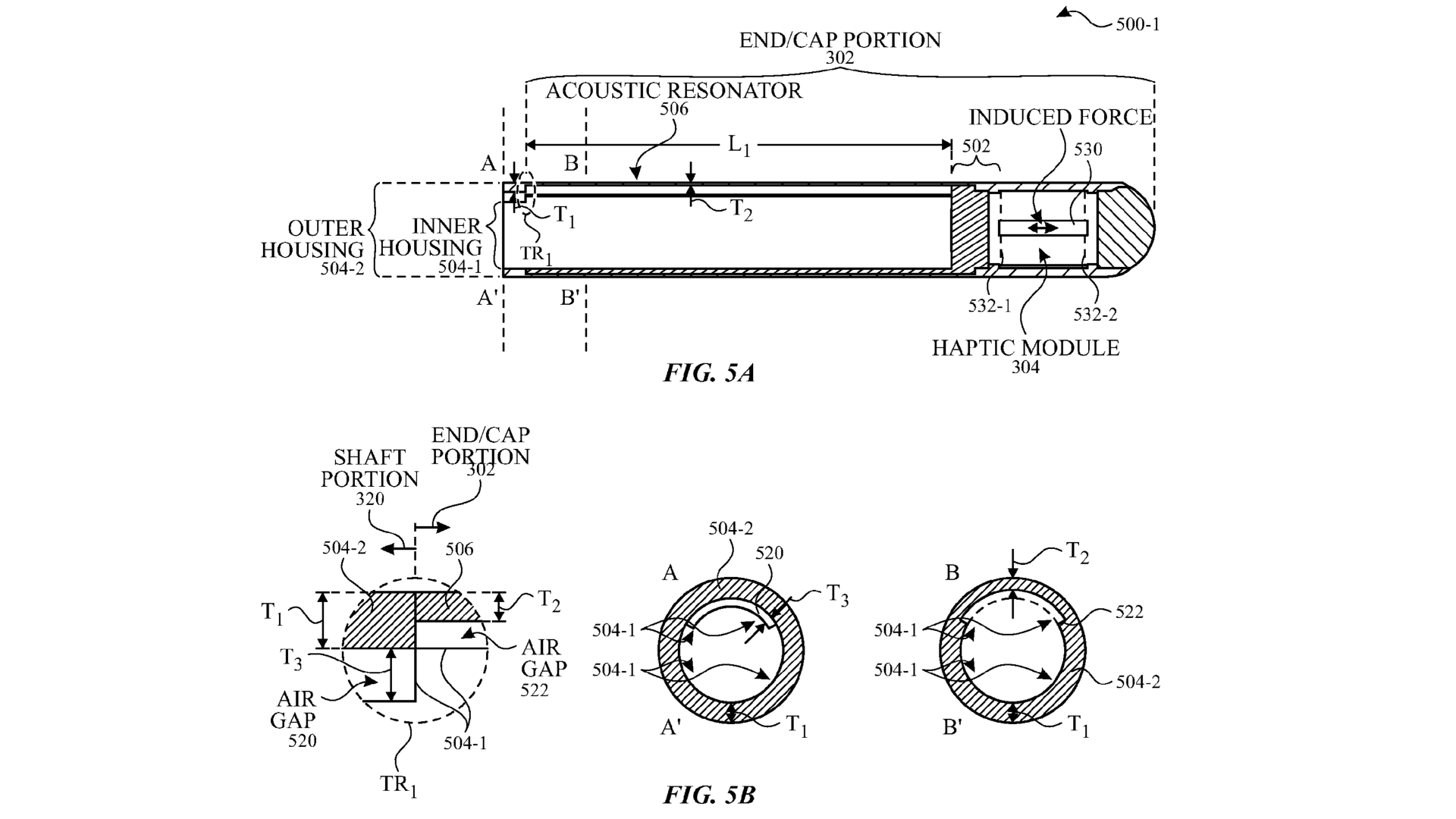Rysunek patentowy przedstawiający przyszły Apple Pencil z rezonatorem akustycznym w nasadce