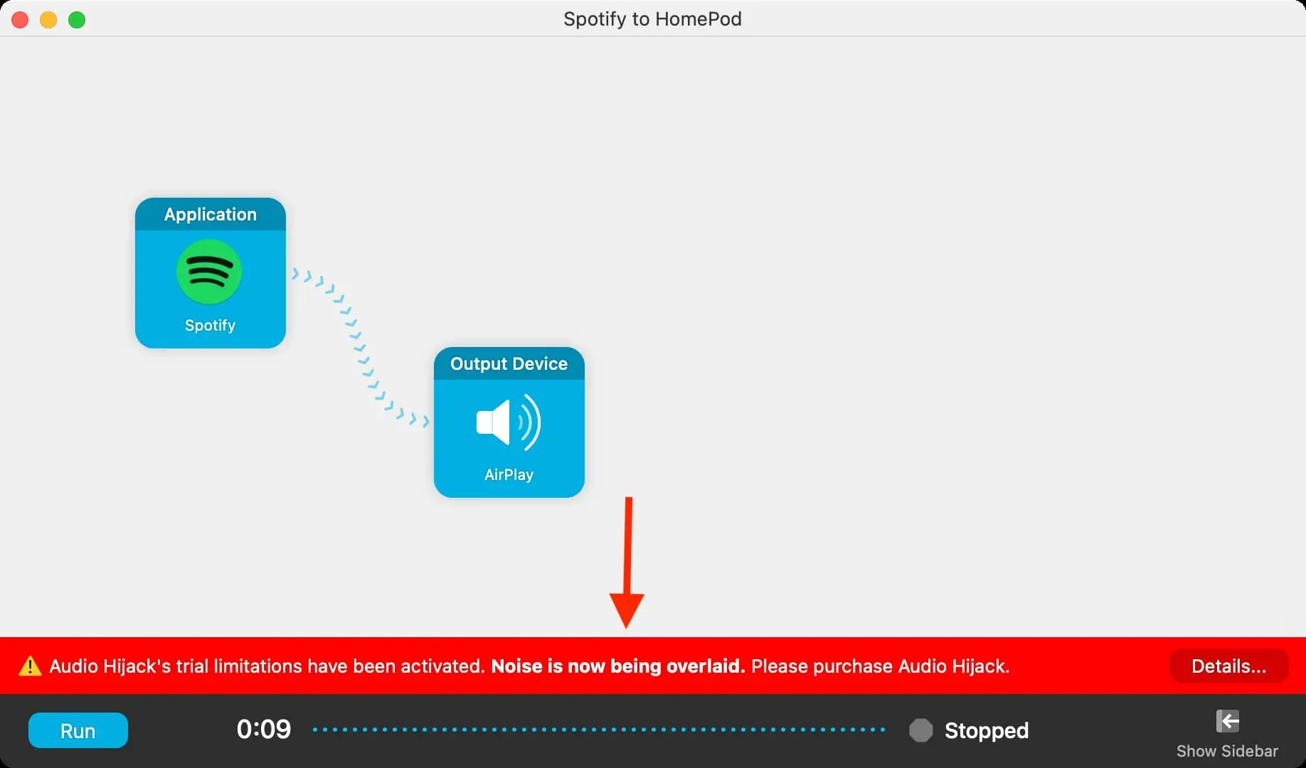 Ограничения пробной версии Audio Hijack через 10 минут