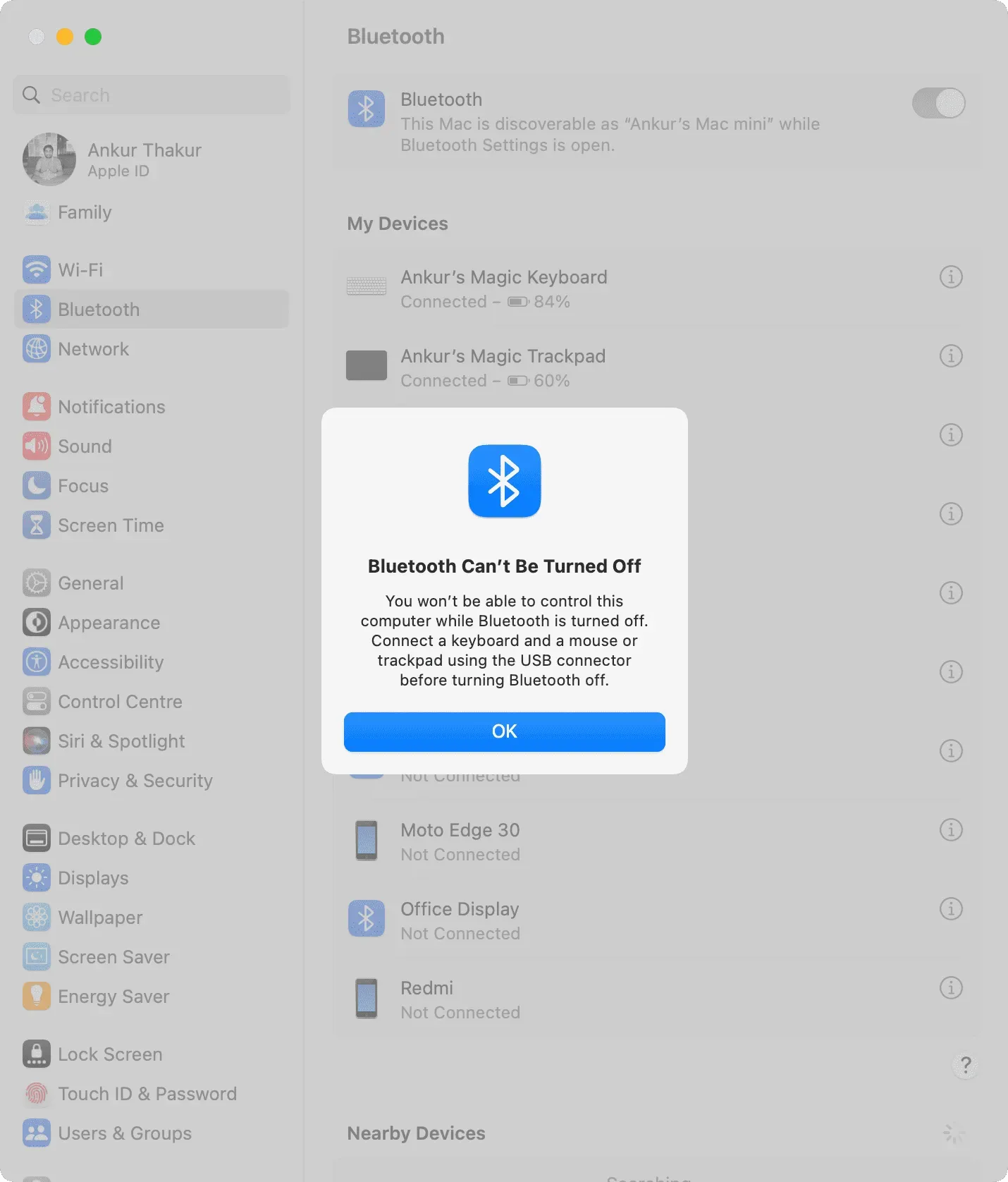 „Bluetooth“ negalima išjungti pranešimas „Mac“.