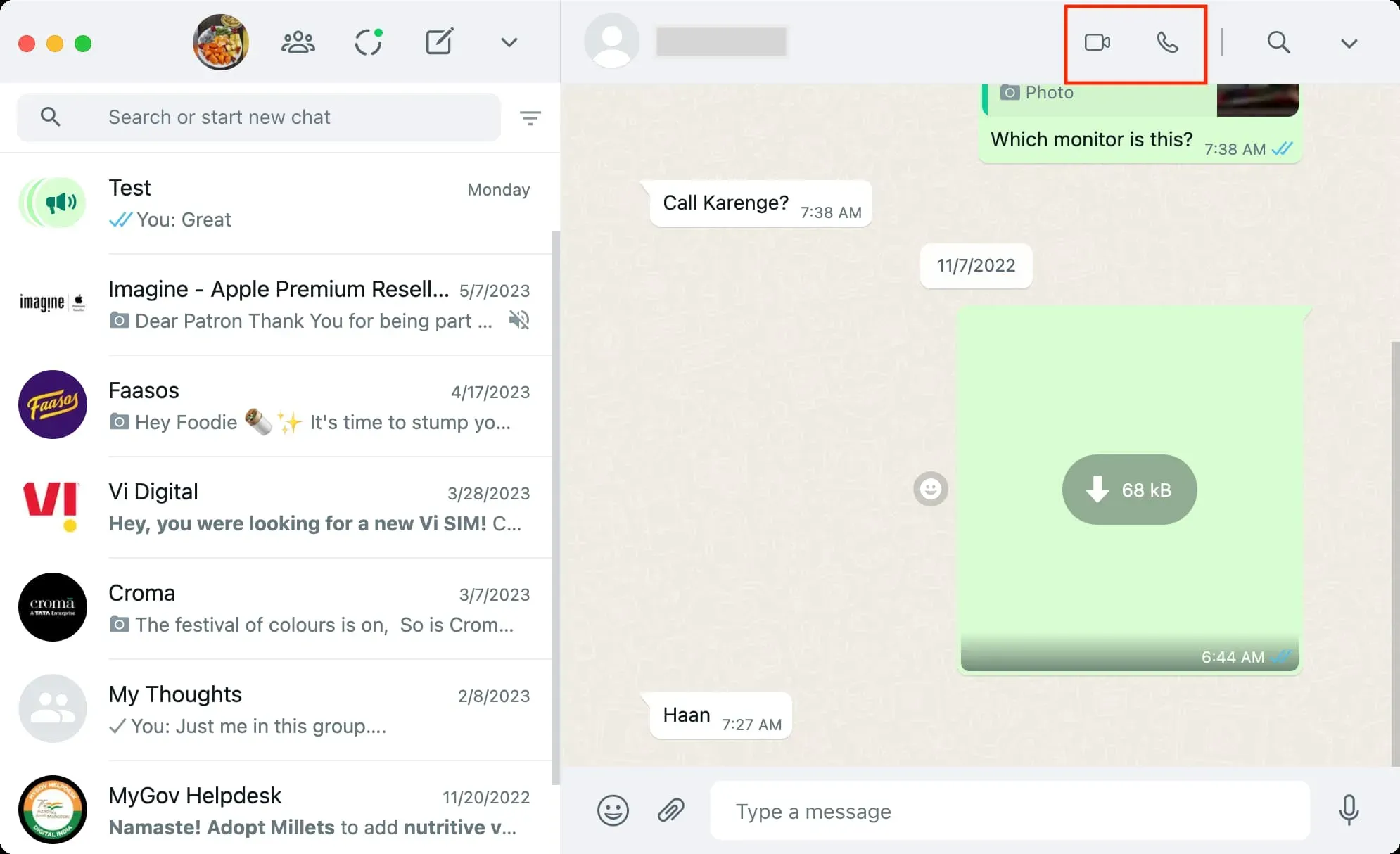 Options d'appel vidéo et audio dans l'application WhatsApp sur Mac