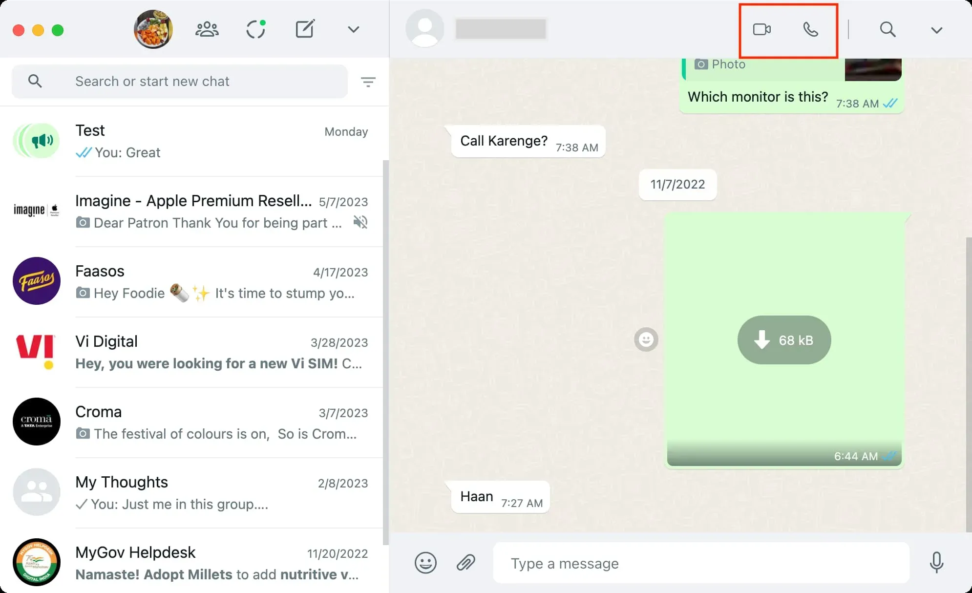 Video and audio call options in WhatsApp app on Mac