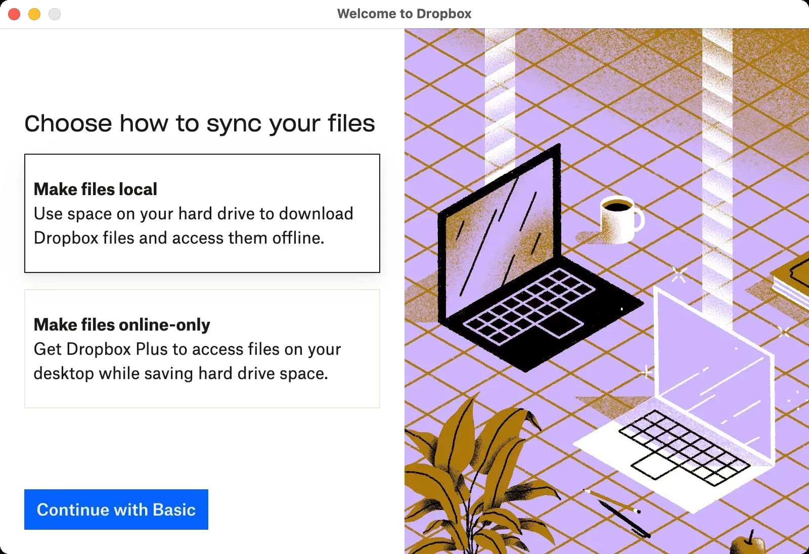 Выберите способ синхронизации файлов в Dropbox на Mac