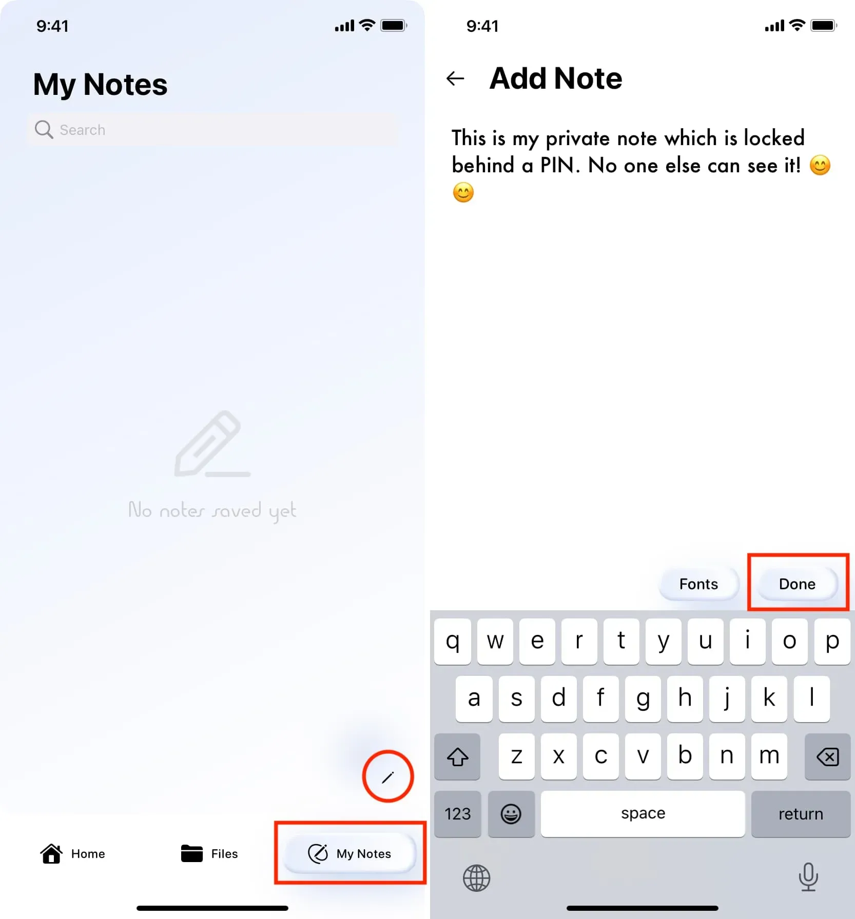 Crear una nota privada en la aplicación Vault en iPhone