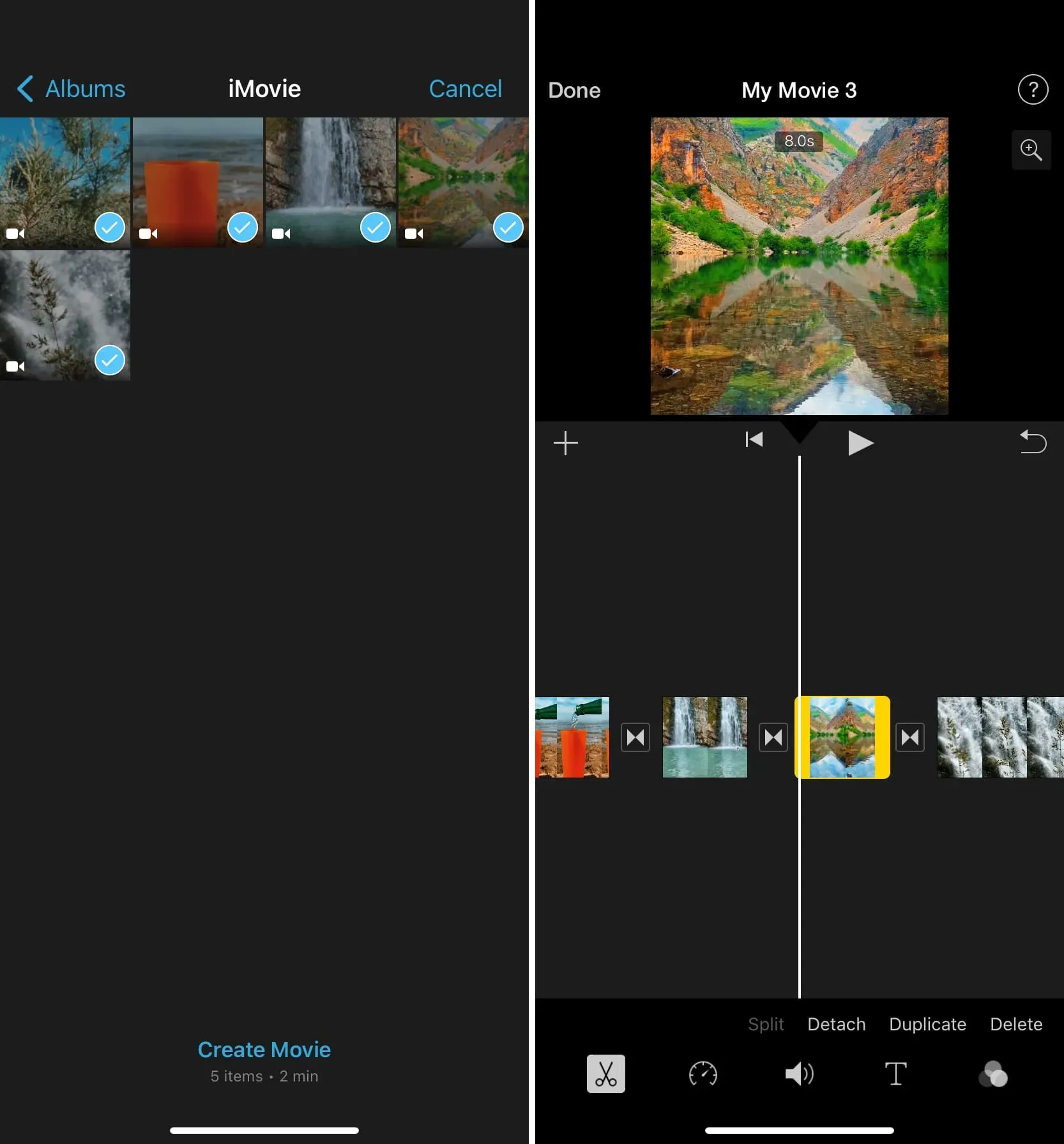 Criar filme com vídeos verticais no iMovie no iPhone