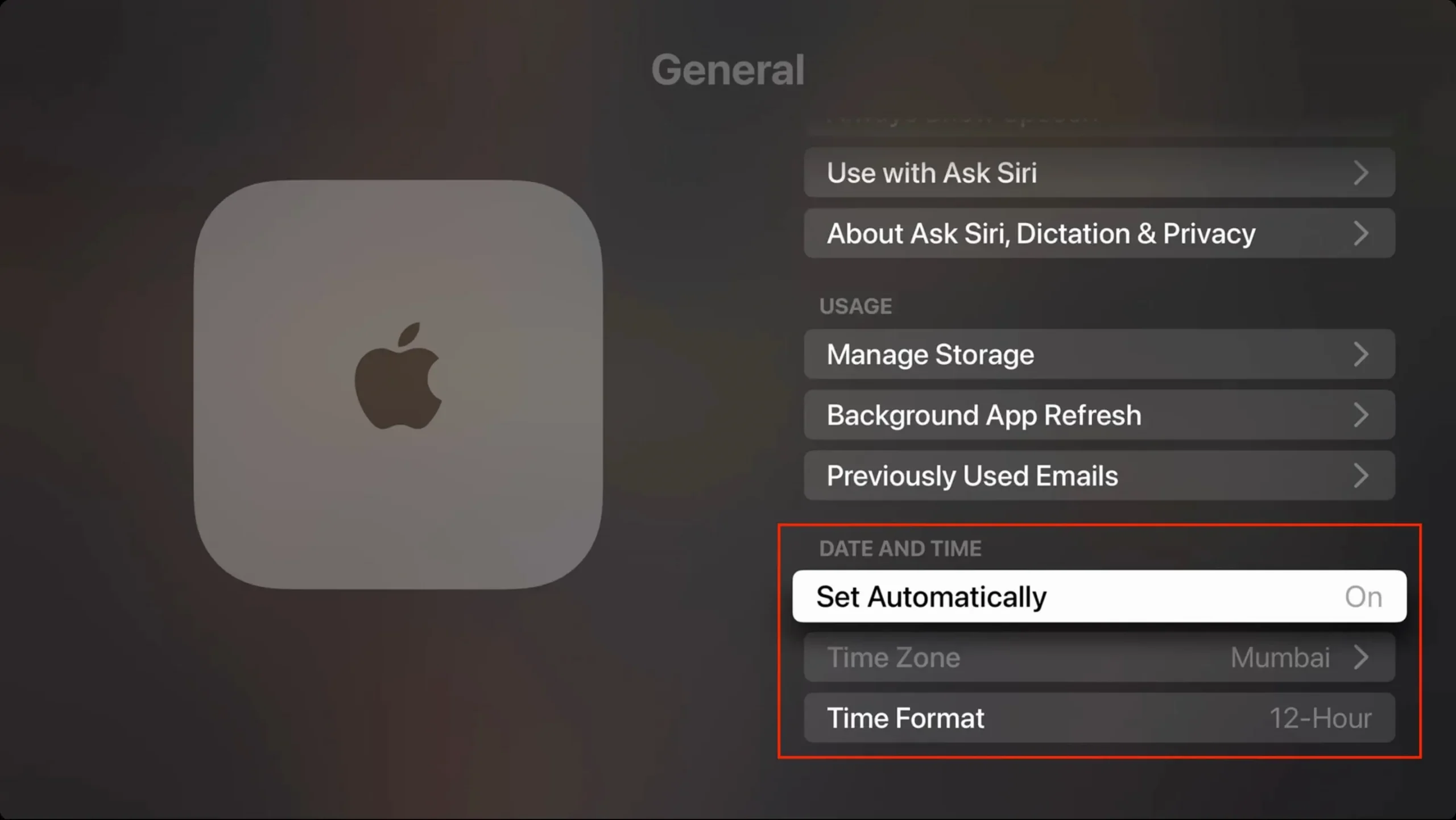 Date and time settings on Apple TV