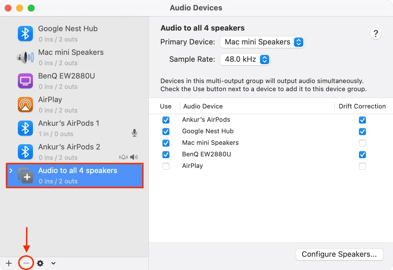Mac의 오디오 MIDI 설정 앱에서 다중 오디오 기기 설정 삭제