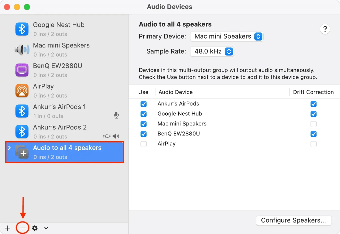 Delete multi-audio device setup from Audio MIDI Setup app on Mac