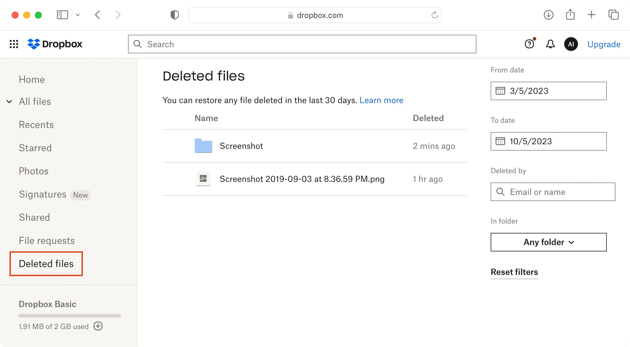 Восстановить удаленные файлы в Dropbox в Интернете