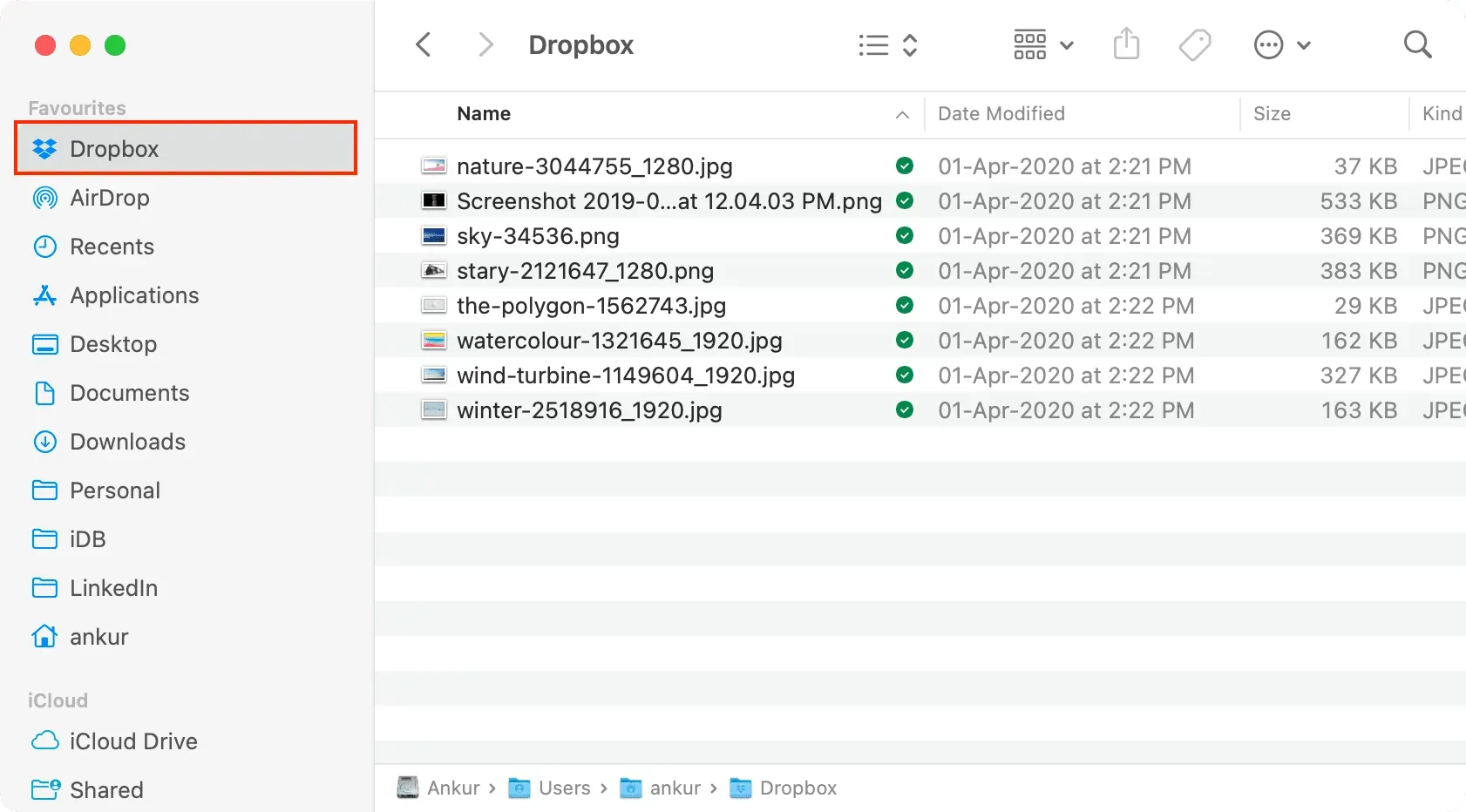 Mac の Finder の Dropbox フォルダ