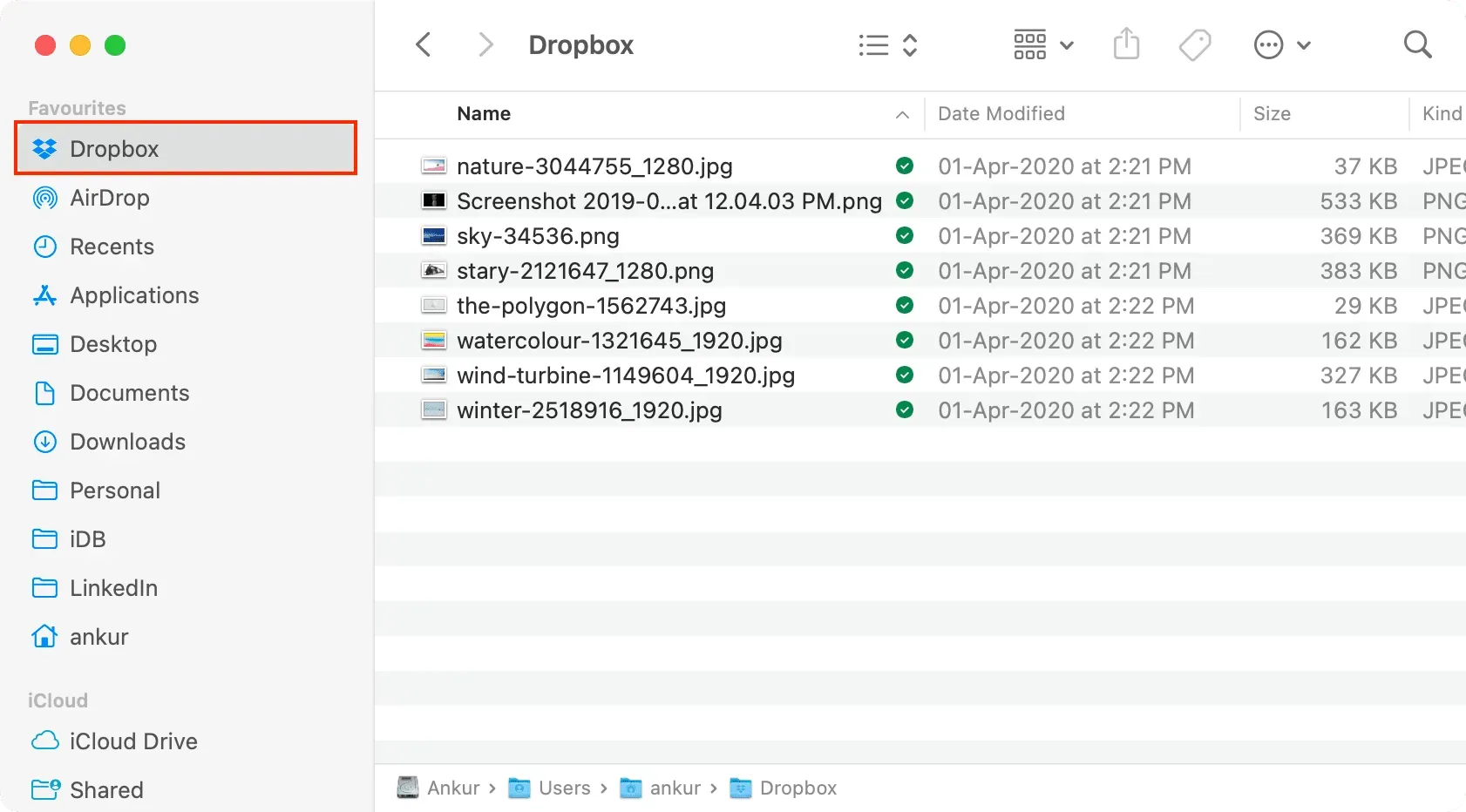 Папка Dropbox в Finder на Mac