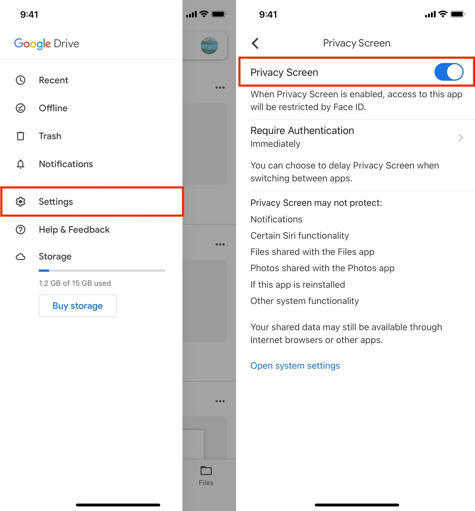 Habilitar la pantalla de privacidad para Google Drive en iPhone