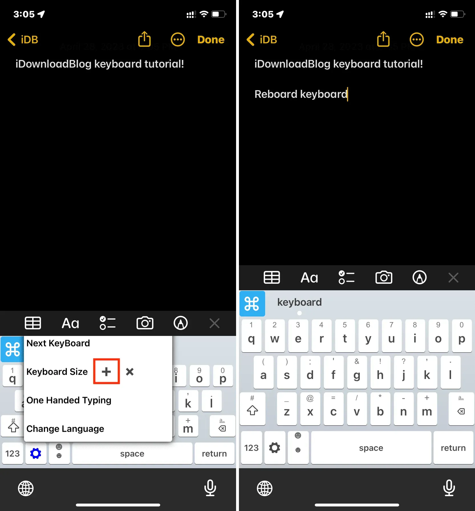 Palielināta Reboard tastatūra iPhone tālrunī