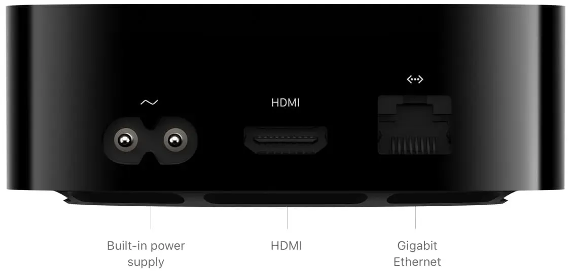 Ethernet, HDMI ir maitinimo prievadai Apple TV gale