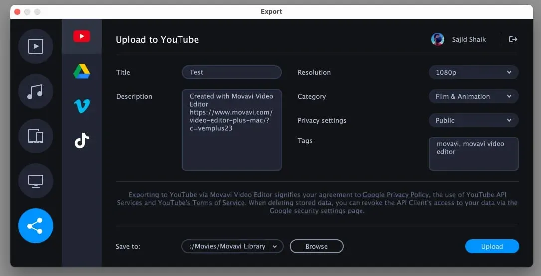 Опция «Экспорт и загрузка на YouTube и TikTok» в видеоредакторе Movavi.