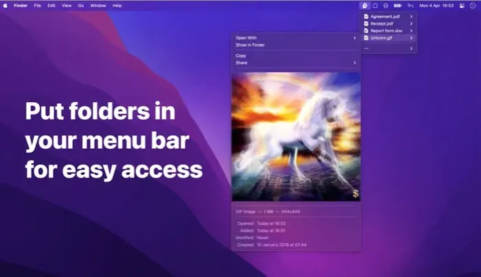 Zrzut ekranu aplikacji paska menu Folder Peek Mac