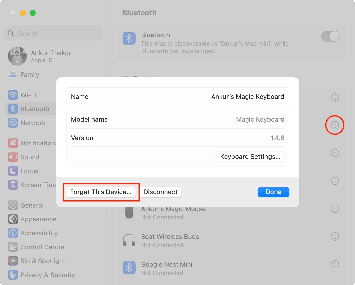 Glöm tangentbord i Mac Bluetooth-inställningar