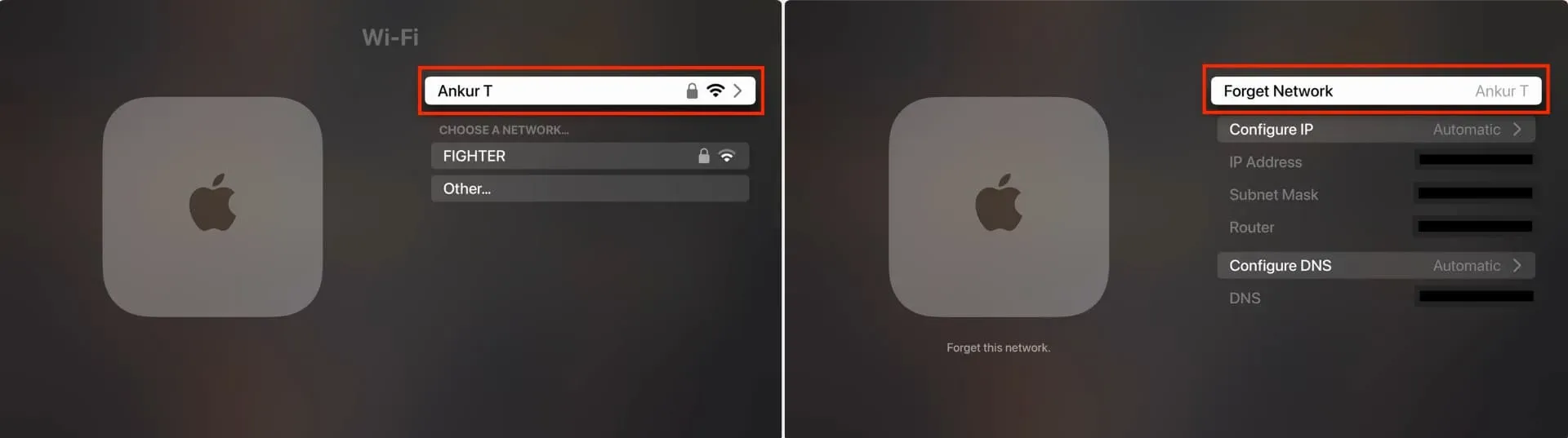 Glöm befintligt Wi-Fi-nätverk på Apple TV