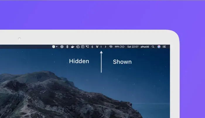 Zrzut ekranu aplikacji paska menu Hidden Bar na komputerze Mac