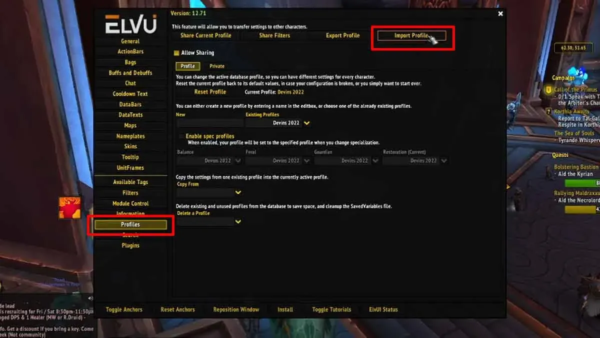 comment importer des chaînes pour obtenir l'interface utilisateur interafce dans wow world craft