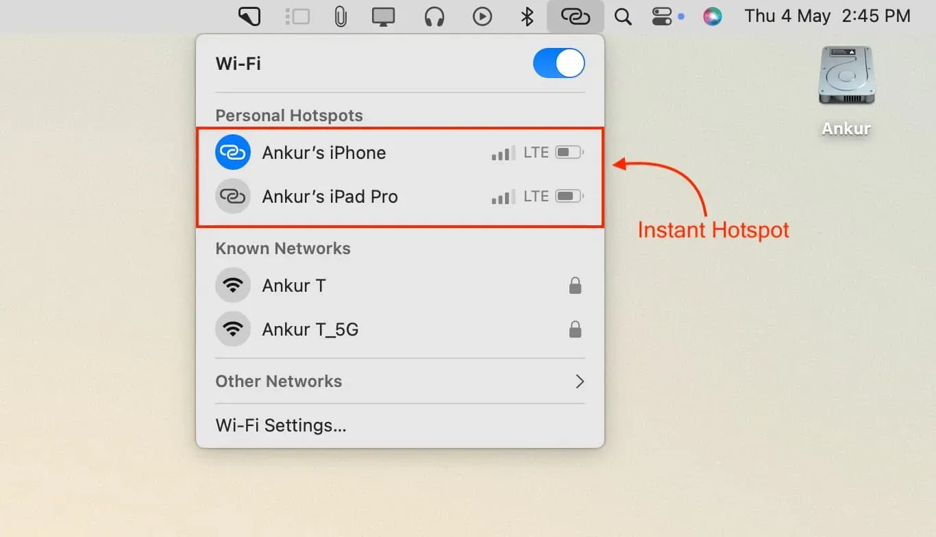 Instant Hotspot desde iPhone y iPad celular en Mac