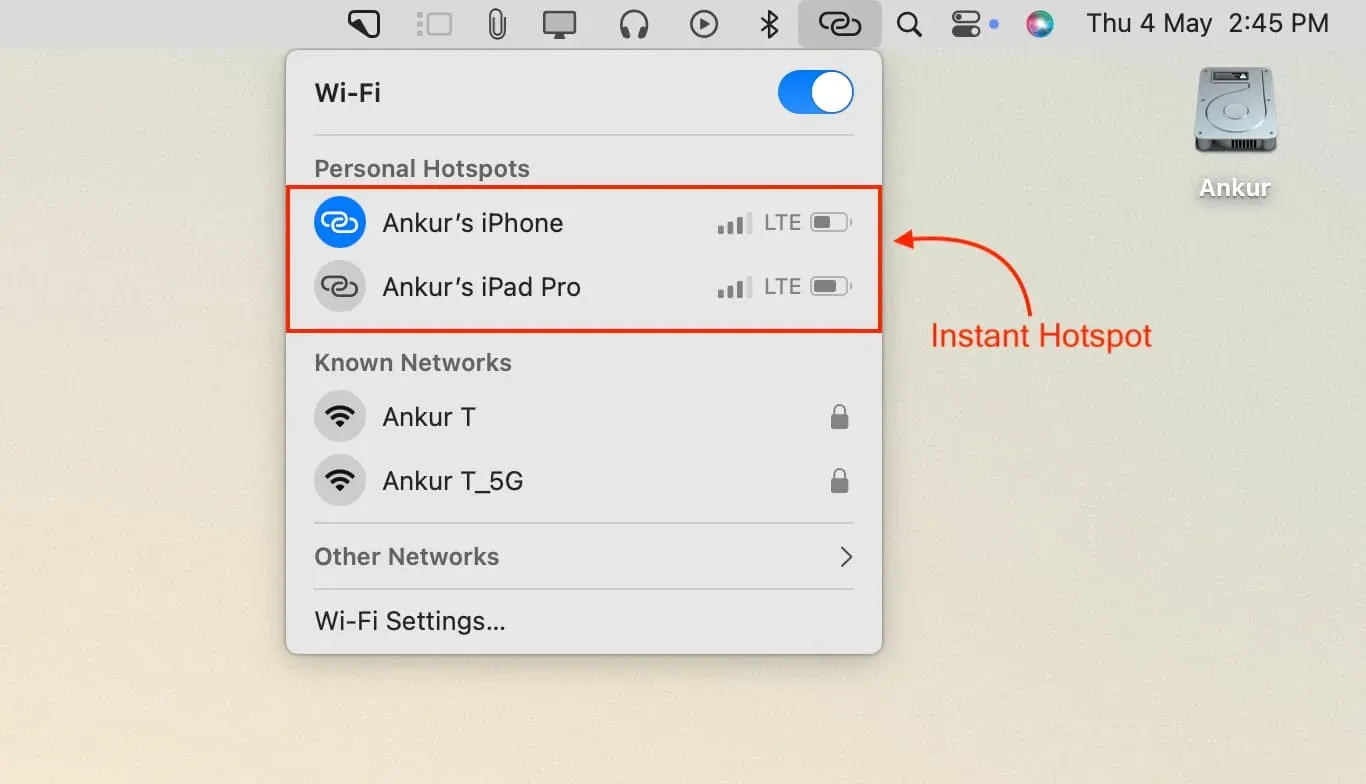 Sofortiger Hotspot vom iPhone und mobilen iPad auf dem Mac