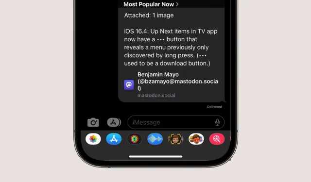 iOS 16.4 leidžia įterpti Mastodon nuorodas, išsiųstas per iMessage.