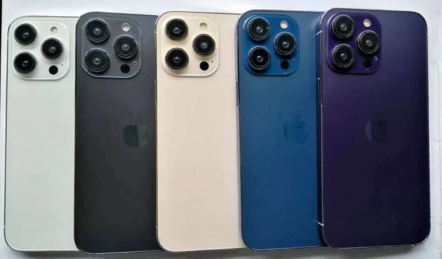 iPhone 14 Pro manekeni demonstrē jaunas zilas un violetas krāsu iespējas