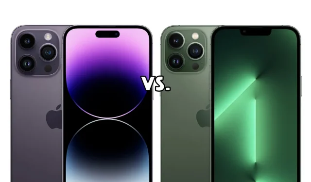 Srovnání: modely iPhone 14 Pro a modely iPhone 13 Pro.