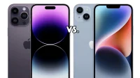 Comparison: iPhone 14 models and iPhone 14 Pro models.