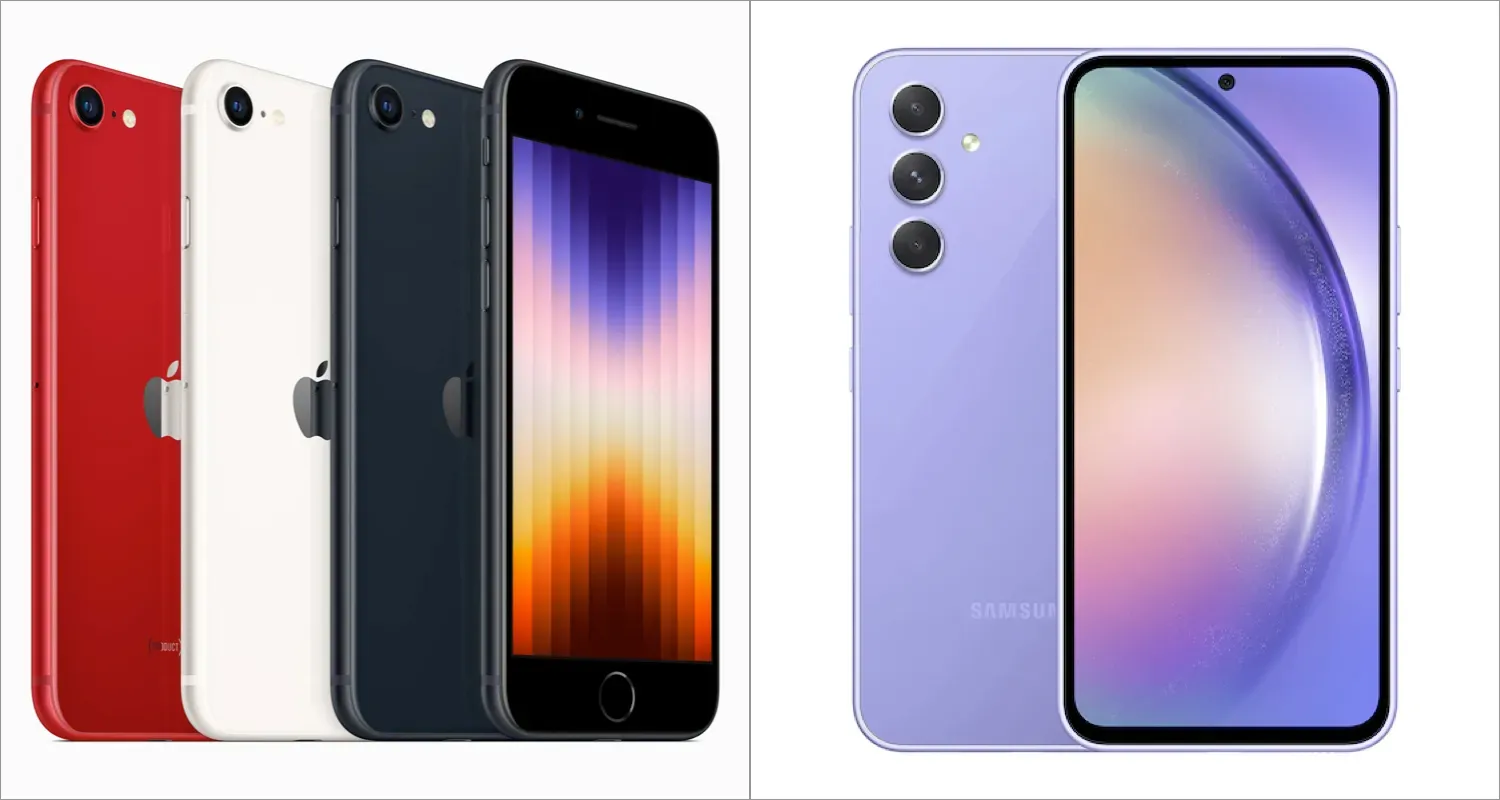 Diseño del iPhone SE de 3.ª generación y del Galaxy A54