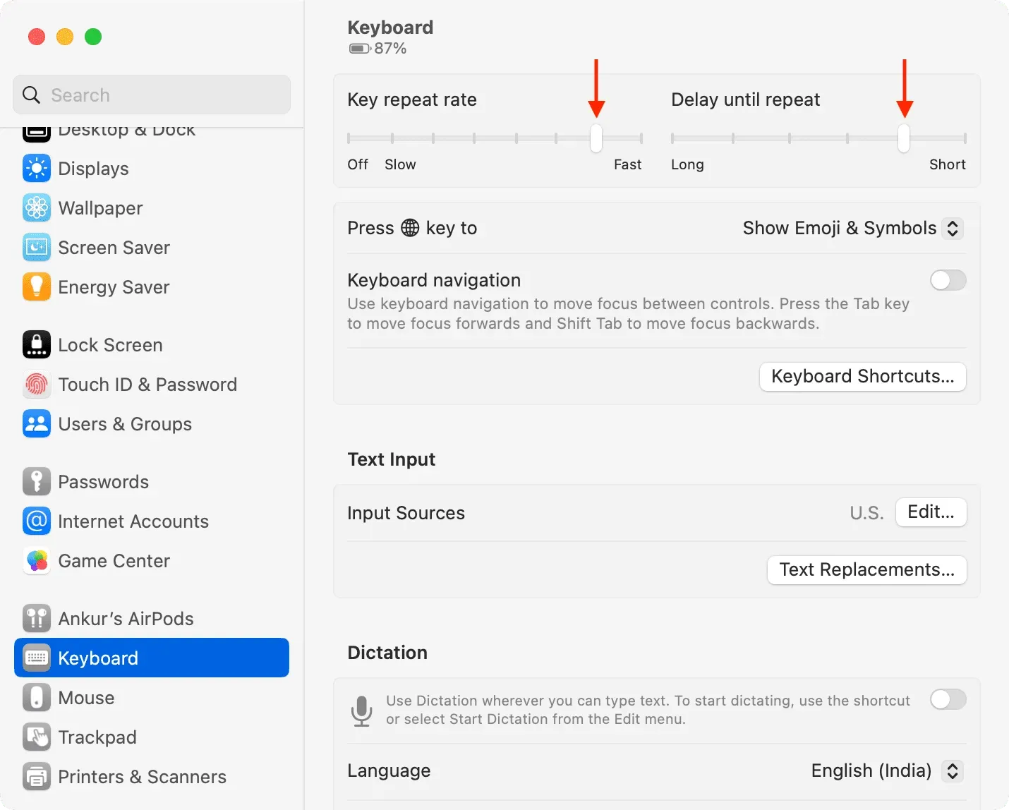 Tasa de repetición de tecla y Retraso hasta que se repite en la configuración del teclado en Mac