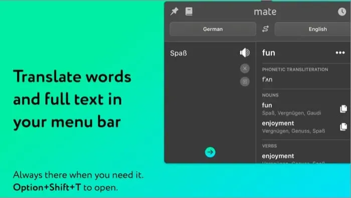 Mate- Universal Tab Translator Schermafbeelding van Mac-menubalk-app