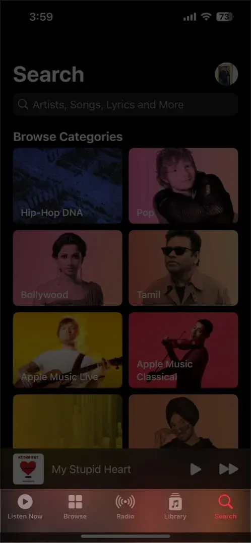 Página inicial do aplicativo de música