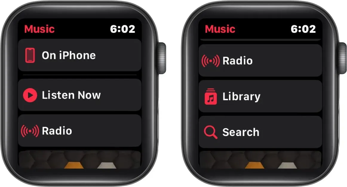Меню музыкального приложения на Apple Watch