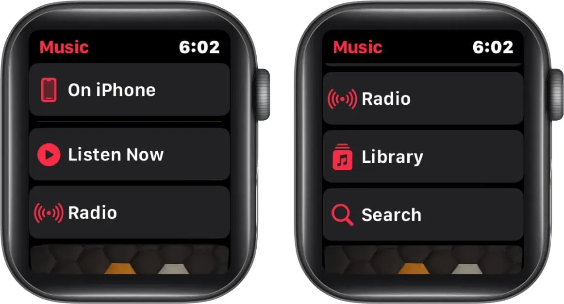 Musikappmeny på Apple Watch