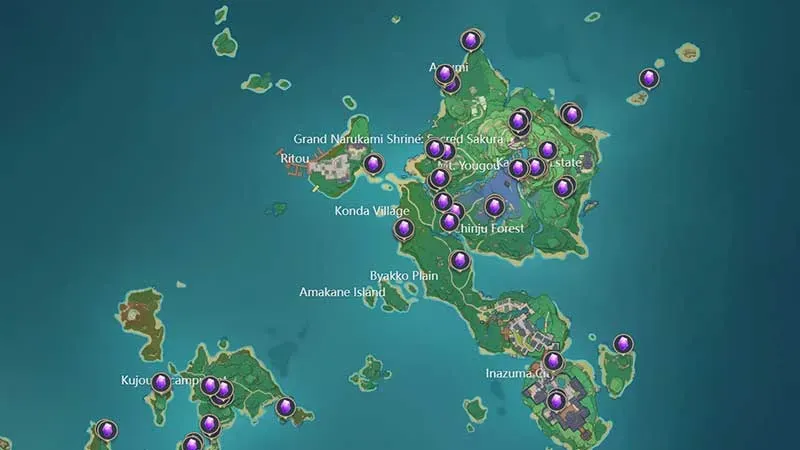 Narukami-eiland om amethistklomp te krijgen