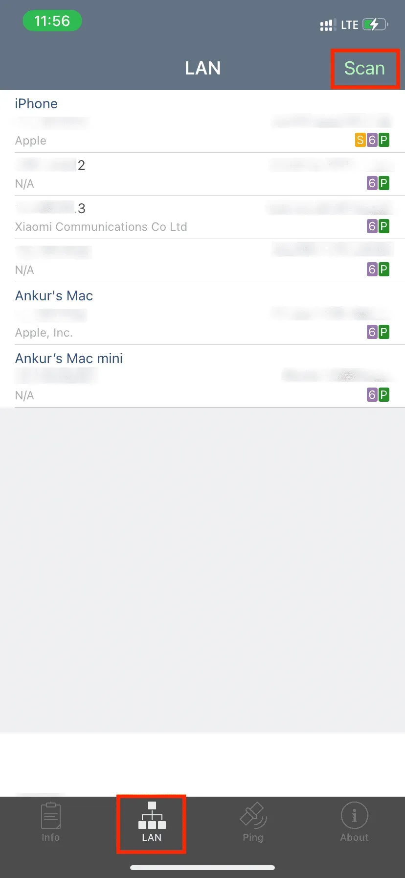 Aplicativo Network Analyzer mostrando todos os dispositivos conectados ao seu iPhone Hotspot