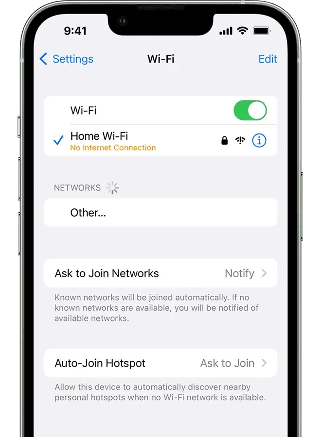 Сообщение об отсутствии подключения к Интернету в настройках iPhone Wi-Fi