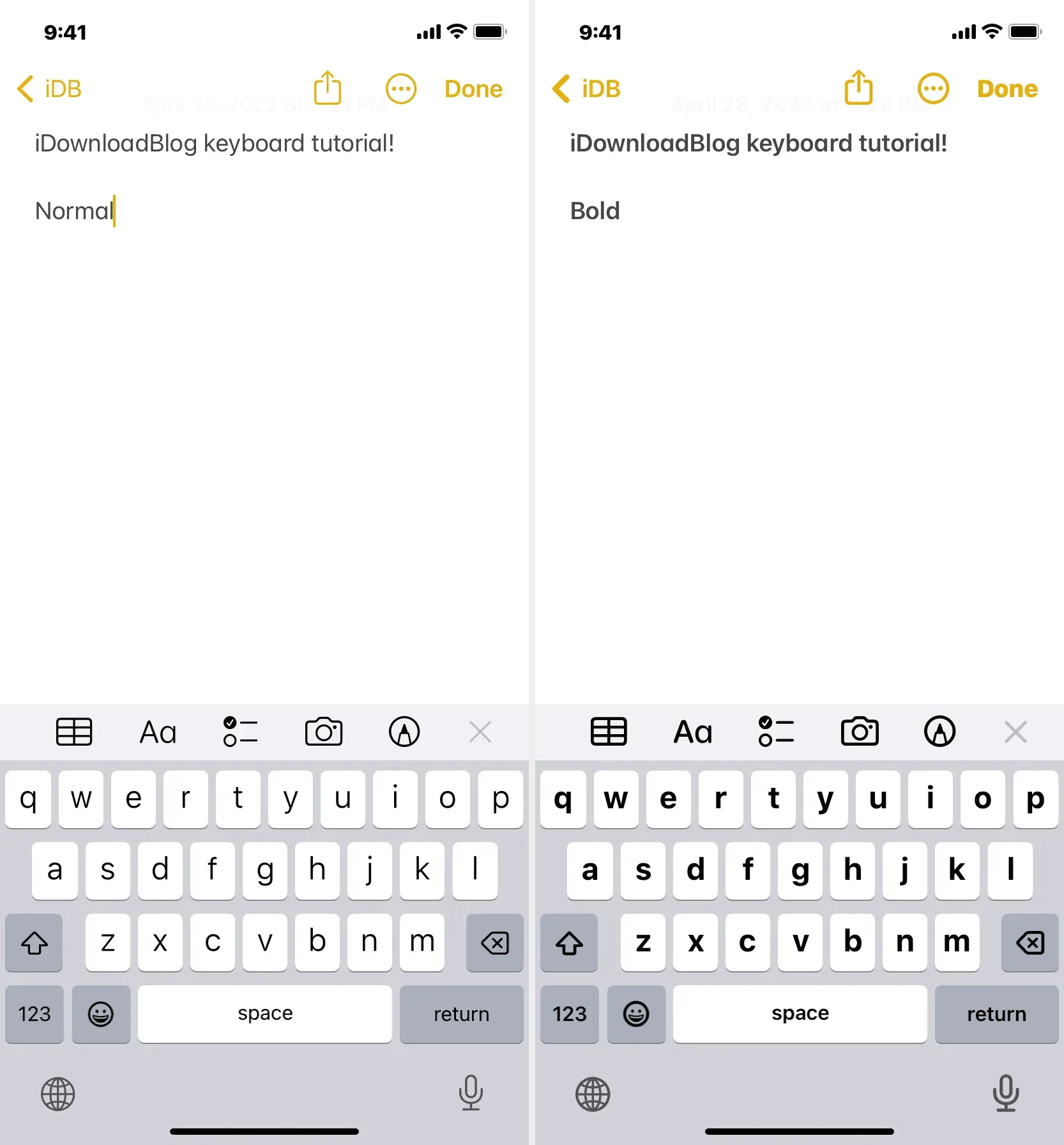 Normal and bold keyboards on iPhone