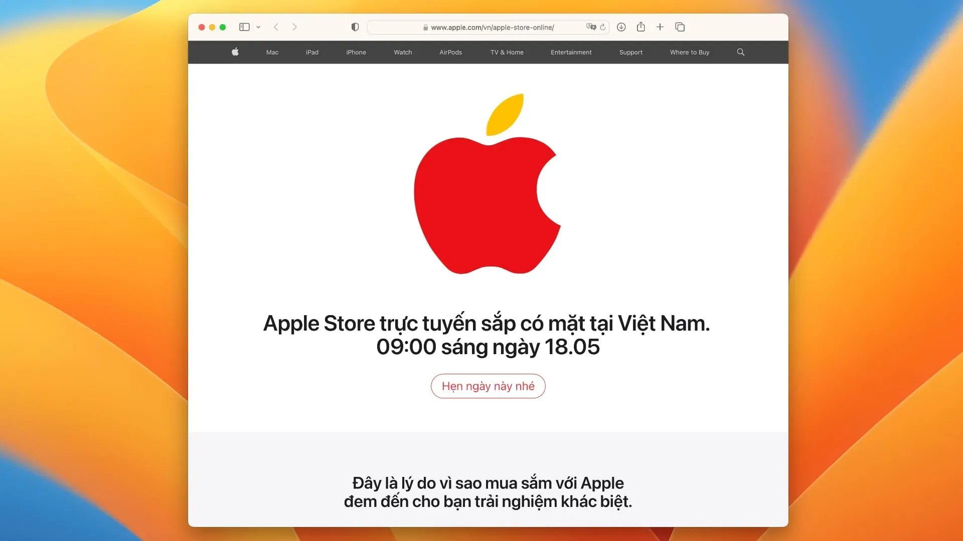 Página de vista previa de Apple que anuncia la tienda en línea en Vietnam