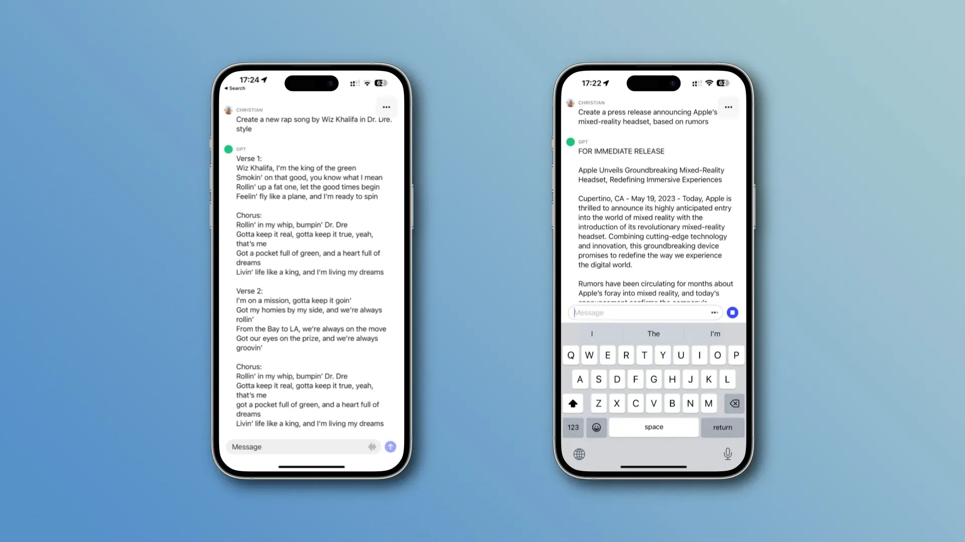 Dva snímky obrazovky iPhone zobrazující ukázkové výzvy v aplikaci ChatGTP