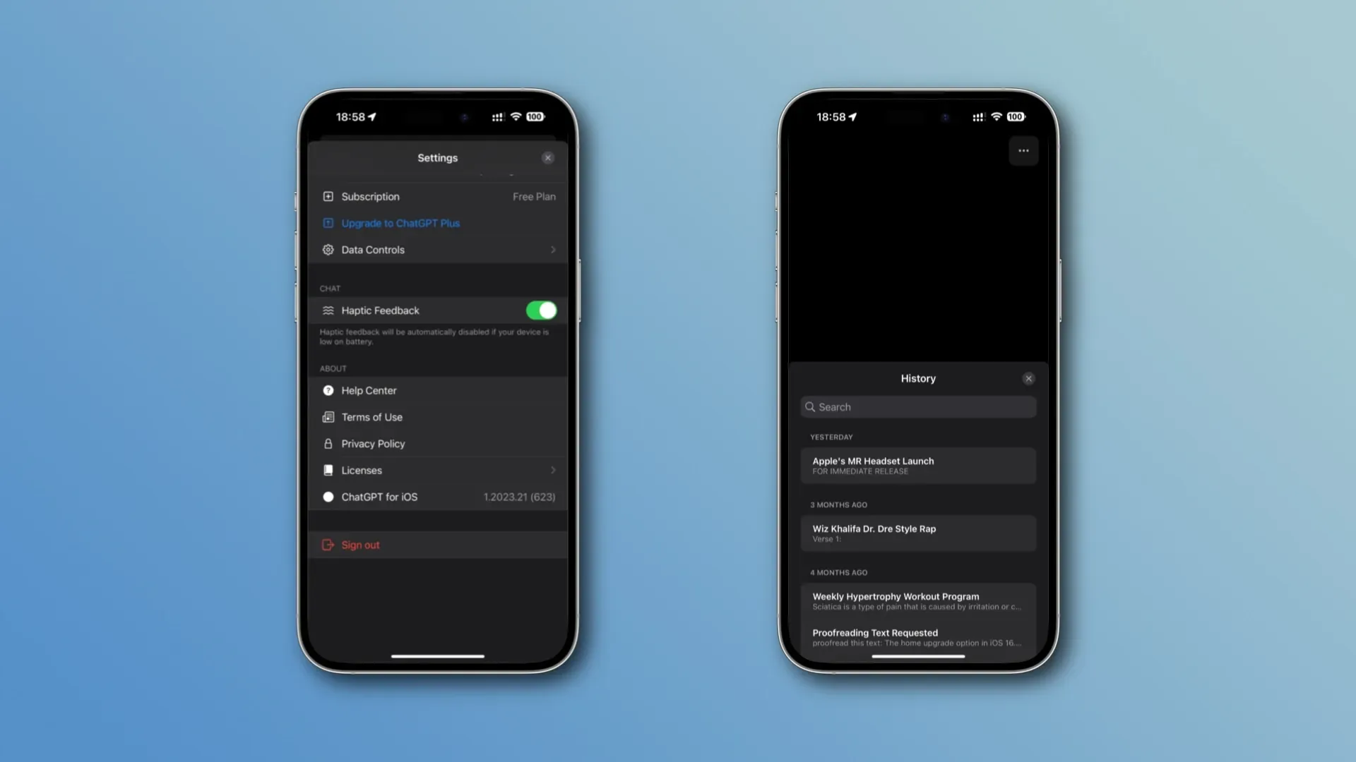 ChatGPT iPhone アプリの設定と履歴を示す 2 つのスクリーンショット