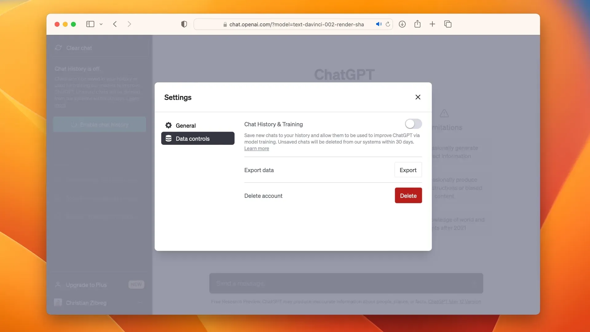 ChatGTP Web クライアント設定でチャット履歴が無効になっていることが表示される