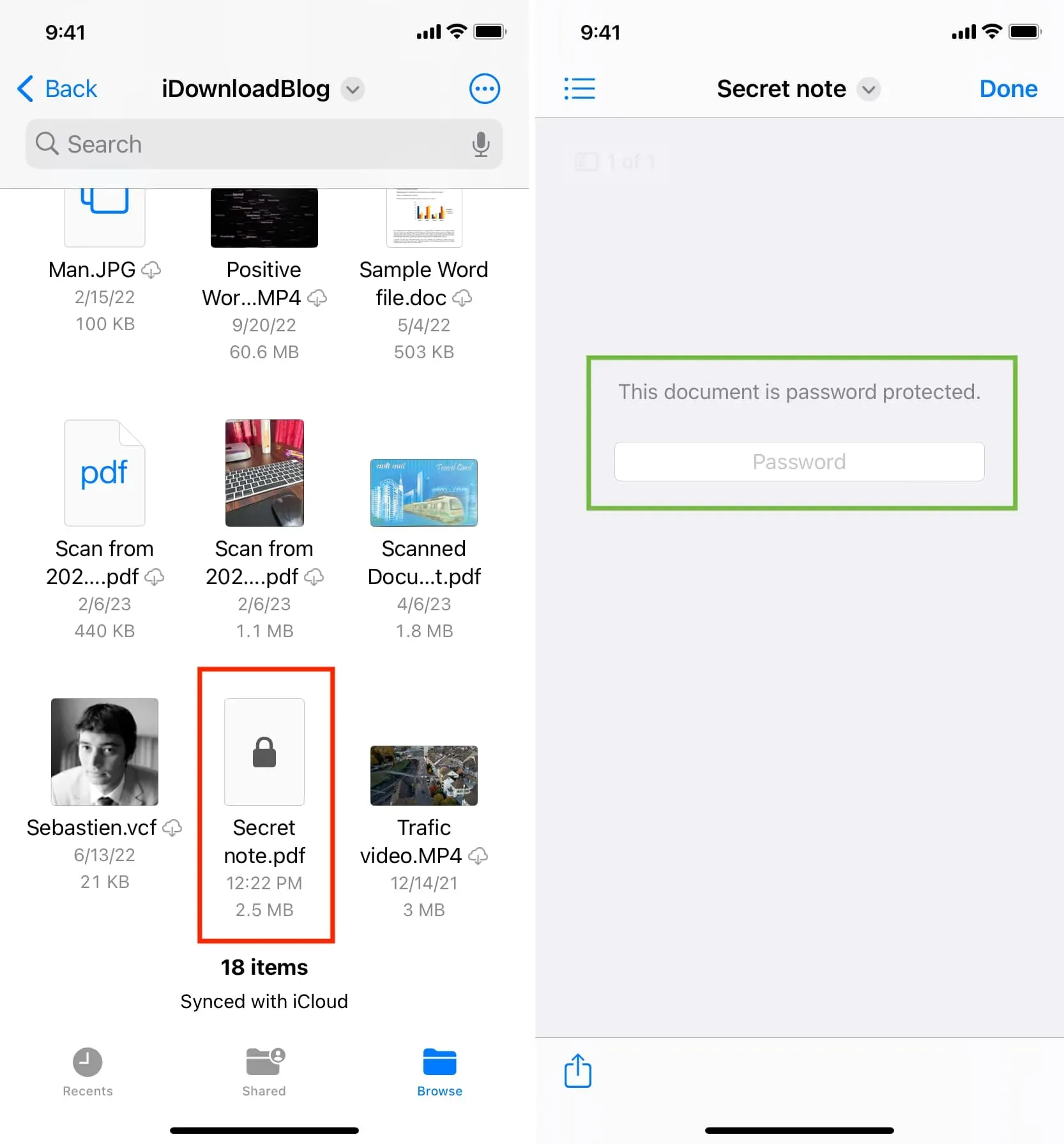 Document protégé par mot de passe dans l'application iPhone Files